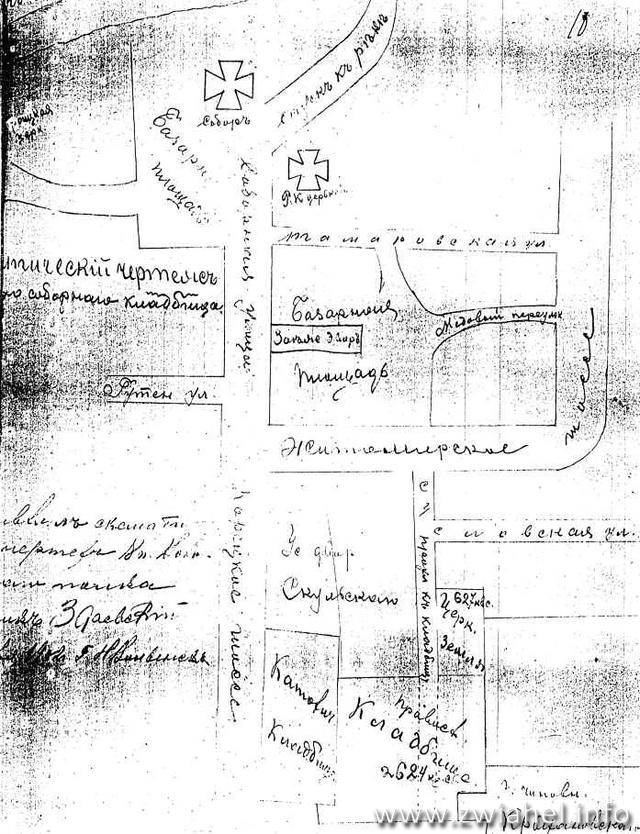 План центру міста, зроблений П. ЗДАЄВСЬКИМ у 1902 році, на якому позначені також храми і кладовища