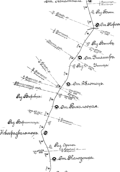 Фрагмент схеми залізниці Старокостянтинів – Жлобин із зазначенням Новоград-Волинської станції